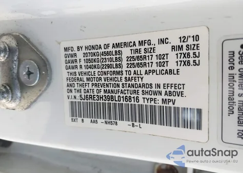 2011 Honda Cr-V Lx из США, поврежденный, VIN 5J6RE3H39BL016816